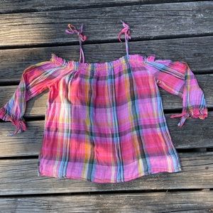 Ana Multicolor/ Pink Plaid Off The Shoulder Blouse